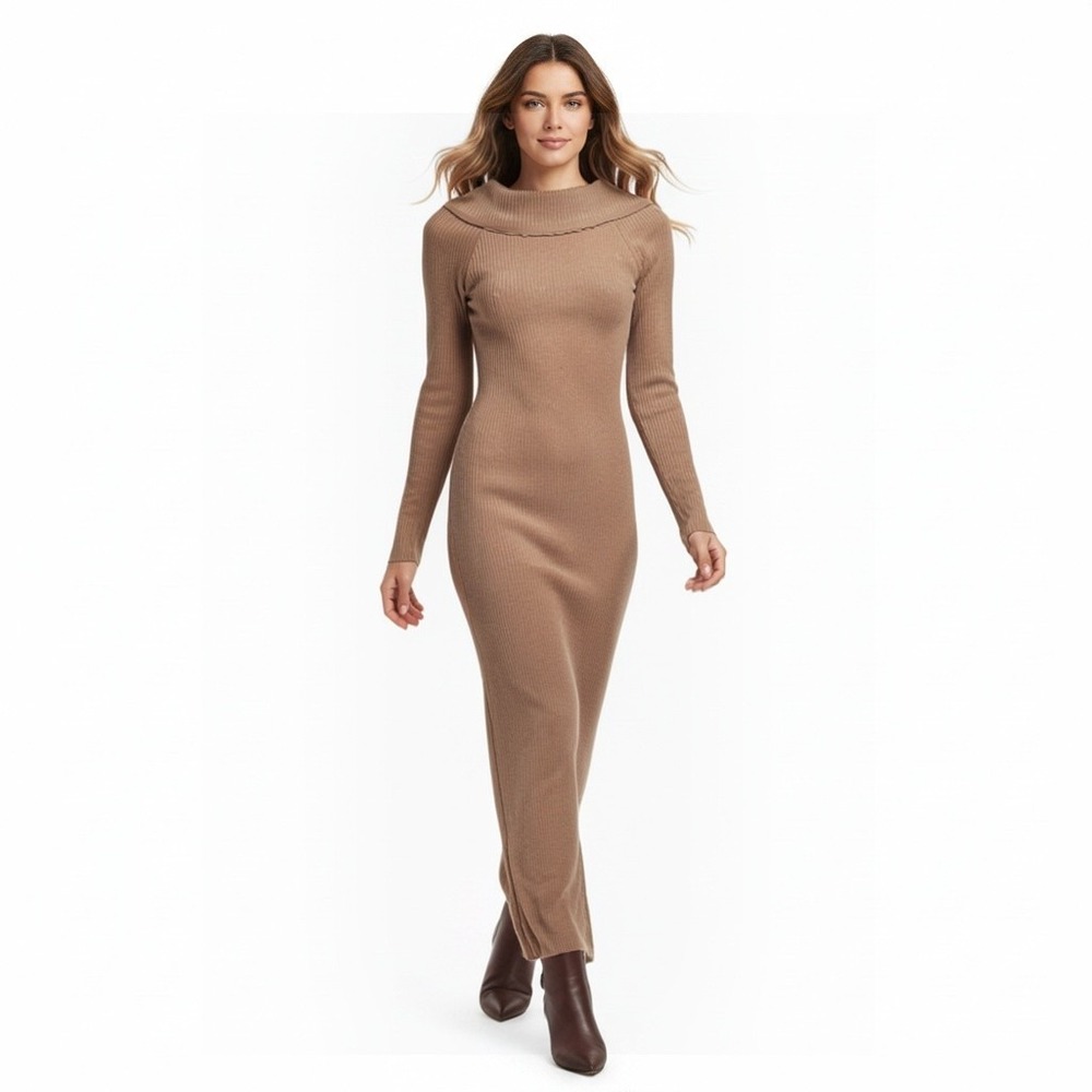 Off Shoulder Ribbed Sweater Dress M Brown Maxi Fitted Minimalist 90s Old Money